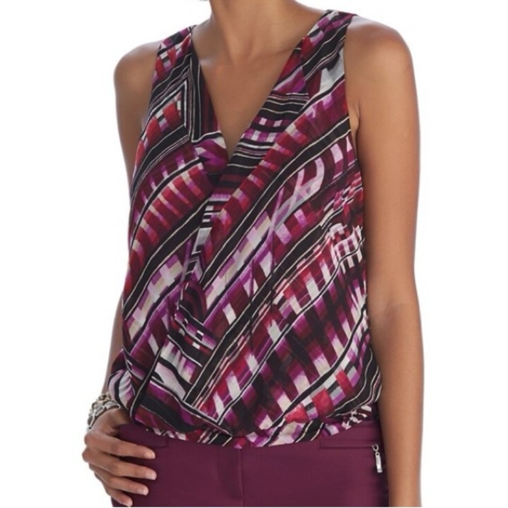 White House Black Market Pink Magenta Black Striped V-Neck Sleeveless Tank Top